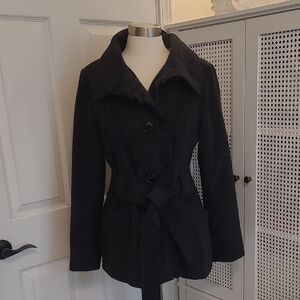 Steve Madden Black Ruffle Collar Pea Coat with Belt